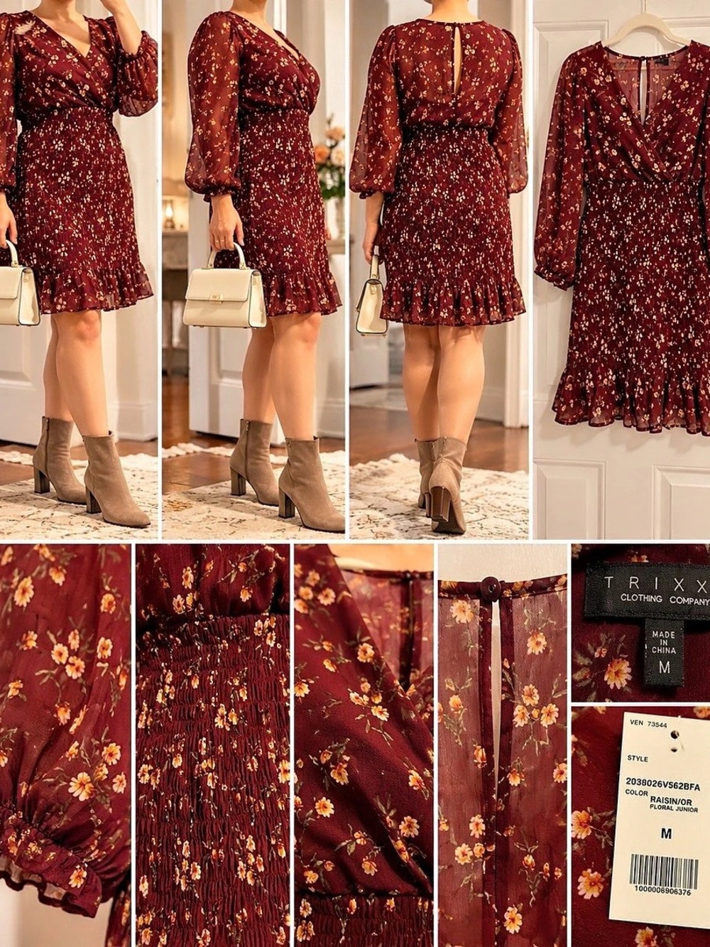 TRIXXI Burgundy Floral Smocked Ruffle Midi Dress Size M NWT